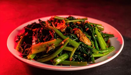 Freshly Cooked Stir-Fried Morning Glory with Savory Flavors on a White Plate Against a Dramatic Red Background