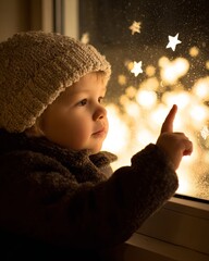 A child gazes out a window adorned with glowing stars, embodying wonder and curiosity. The warm atmosphere evokes a sense of magic and joy during winter.