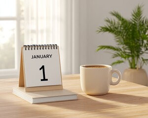 A cozy workspace featuring a calendar set to January 1, alongside a steaming cup of coffee. Perfect for New Year reflections and planning.