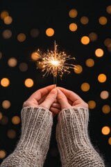 A cozy moment captured with hands holding a sparkling firework. The warm glow of lights creates an enchanting atmosphere, celebrating joy and connection.
