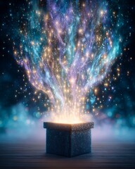 A mystical box emitting vibrant light and colorful particles. It symbolizes magic, wonder, and the essence of creativity in a dark, enchanting atmosphere.