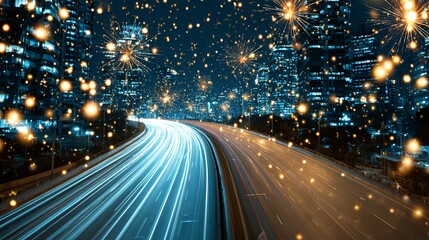 A night scene of a city highway illuminated with dynamic light trails, showcasing the movement of cars amidst a vibrant urban backdrop.
