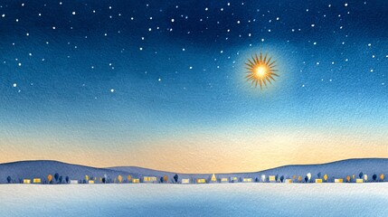 A serene winter landscape featuring a starry sky and a bright sun illuminating the horizon, creating a peaceful atmosphere for reflection and inspiration.