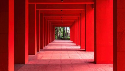 Vibrant Red Architecture: A Symmetrical Pathway Through a Boldly Colored Corridor Surrounded by Nature
