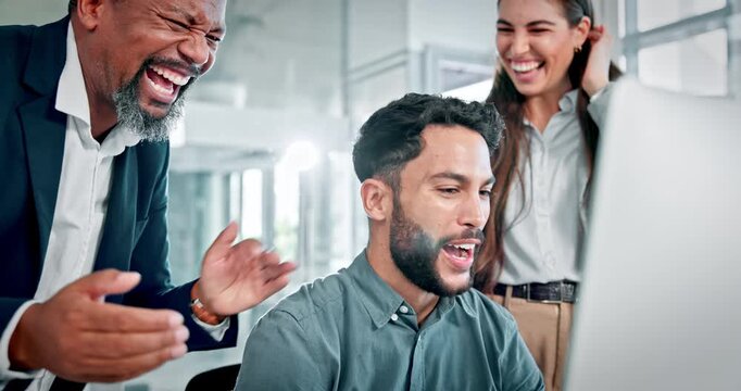 Excited, business and people with computer in office for good news, announcement and job promotion. Staff, pc and team high five for celebration, employee bonus and congratulations on project funding - Powered by Adobe