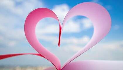 Creative Heart Shape Made from Pink Paper Against a Blue Sky with Soft Clouds in the Background