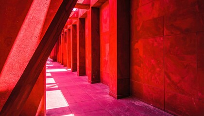 Vibrant Red Architectural Passageway with Shadows and Light Patterns in Modern Urban Setting