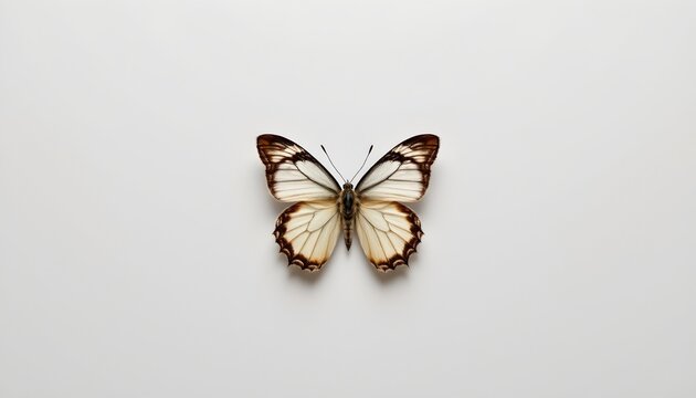 A single butterfly perched on a plain surface against a minimalist background