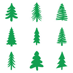 Hand drawn Green christmas tree silhouettes, various design styles. Vector