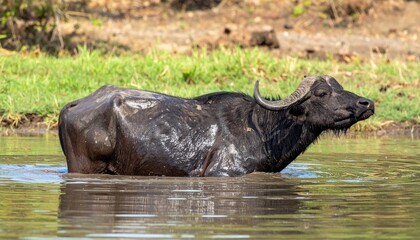 Water Buffalo Wading in Calm Water Surrounded by Lush Greenery Under a Clear Blue Sky in Natural Habitat