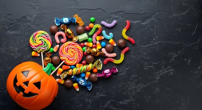 Halloween candy assortment with jack o lantern bucket on a dark textured surface top down view