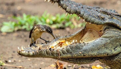 Bird Approaching Open Jaw of Large Crocodile in Natural Habitat with Scenic Background