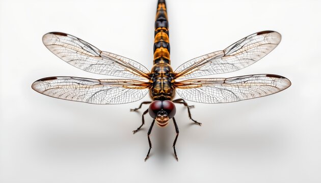 A close up of a dragonfly with a background that provides context without being overpowering. The dragonfly is the primary subject, exhibiting a combination of orange, black, and white colors - Powered by Adobe