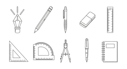 A diverse set of minimalist outline icons representing stationery, school supplies, and architectural drawing tools for creative projects