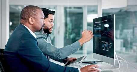 Business, men and discussion with computer in office for trading advice, market shift and update. Trader, teamwork and tablet with graph screen for stock price, financial news and monitor portfolio - Powered by Adobe