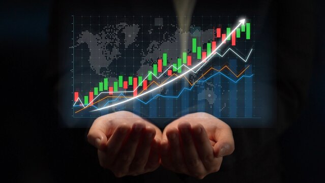 Hands hold a glowing chart displaying financial growth trends against a dark backdrop, representing investment opportunities and business success in today market. Copula
