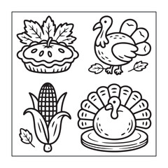Fototapeta premium Chicken Drumstick Illustration Icons Set with Corn and Wheat on White Background, Decorative Line Art Style for Food Menu Design and Thanksgiving