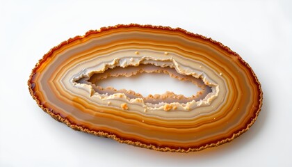 An amber colored agate slice with concentric patterns of cream and brown, displaying a circular shape with a flat base and a slightly irregular top, set against a white background.