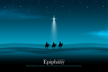 Three wise men silhouette in desert following glowing star. Happy epiphany day vector illustration.