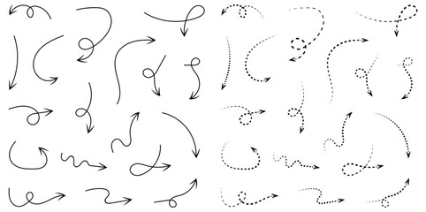 Collection of Hand Drawn Arrows in Various Styles and Directions on White Background