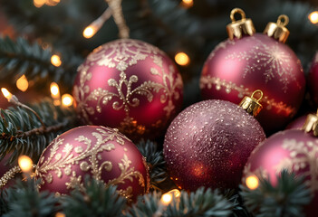 Elegant Christmas decorations in deep Mulberry tones, matte and shiny baubles with gold patterns, set against dark pine and ambient fairy lights.