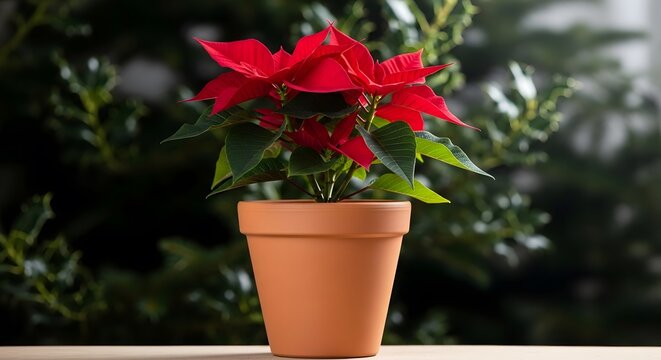 A poinsettia plant with red bracts in a terracotta pot against a blurred green background indoors