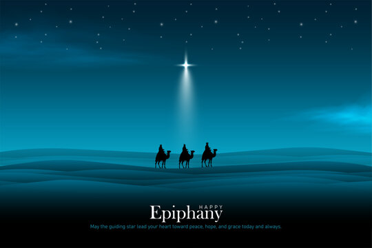 Three wise men silhouette in desert following glowing star. Happy epiphany day vector illustration.