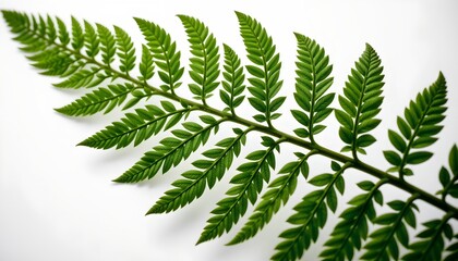Naklejka premium A single fern branch with delicate, green fronds against a blurred white background. The fern appears to be fresh and healthy, with each leaf exhibiting a natural variation in size and shape