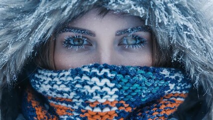 Close Up Portrait of Frost Covered Woman With Frozen Eyelashes Winter Breath Vapor and Intense Cold Weather Survival Atmosphere in Snowy Conditions