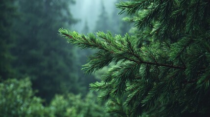 Obraz premium Close-up of a lush green pine branch in a misty forest setting.