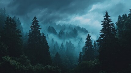 Mysterious forest landscape shrouded in mist and deep shadows.