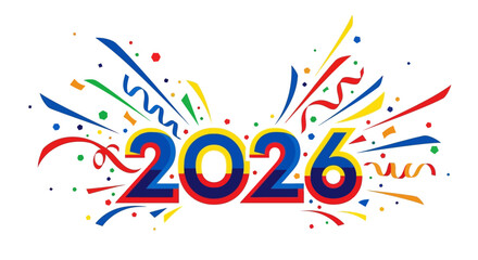 Vibrant 2026 Celebration Design for New Year's or Future Event Announcements with Colorful Confetti and Festive Ribbons on White Background