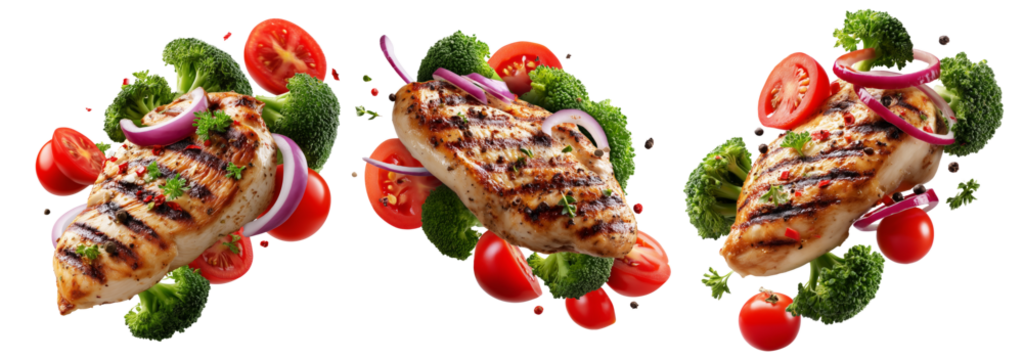 Grilled chicken breast with fresh broccoli florets and ripe tomatoes on white background. Concept of healthy food and fitness