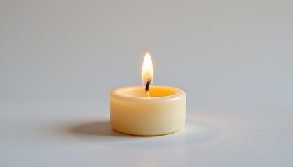 A single lit candle placed centrally on a surface that appears to be a table with a white top