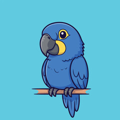 A cute cartoon vector illustration of a blue and yellow macaw parrot on a tree branch, isolated on white