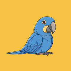 A vibrant cartoon vector illustration of a cute blue and yellow macaw parrot with a colorful feather on a tree branch in tropical nature