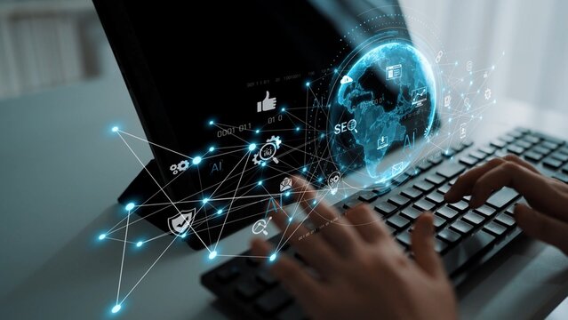 Global AI-powered digital network ecosystem connecting data, finance, analytics, ecommerce, communication, and automation across continents through technology and cloud Marrow