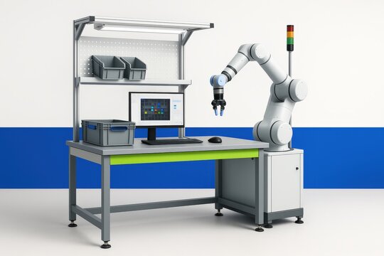 Advanced robotic arm optimized for precision tasks in an industrial workspace showcasing digital interaction with engineering applications and automation efficiencies