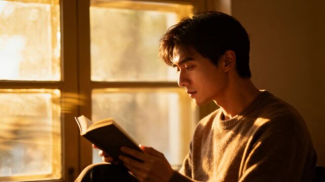 Person reading a book beside window with warm ambient sunlight, tranquil lifestyle visual, handheld motion, perfect for world introvert day