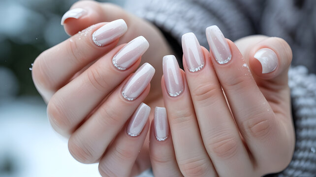 Elegant French Manicure with Glitter Accents on Coffin Nails in Winter Setting