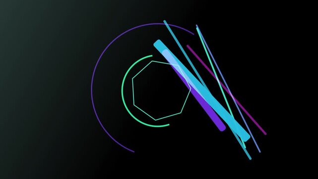 A vibrant abstract design featuring geometric shapes and lines in shades of blue, purple, and green against a dark backdrop, creating a modern and dynamic aesthetic