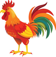 A brightly colored rooster stands proudly displaying its vibrant plumage and regal