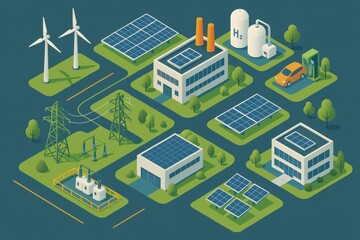 Innovative green energy landscape showcasing wind turbines hydrogen facilities solar panels and electric vehicle charging stations encapsulating the future of sustainable energy production