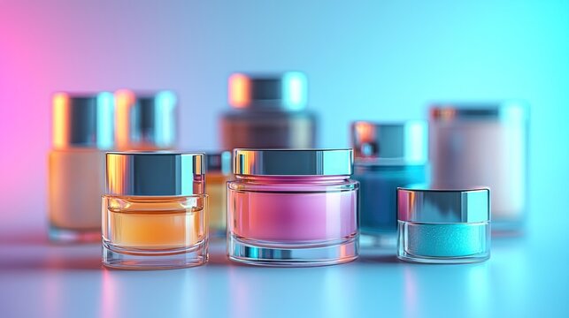 Assortment of glass jars with creams under vibrant neon pink and blue lights