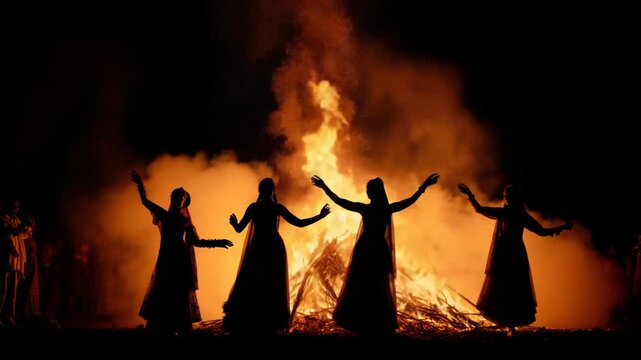 Women dancing around bonfire at night, celebration and festivity