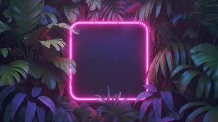 Vibrant pink neon frame glowing amidst lush tropical foliage