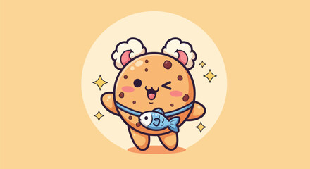 Cartoon cookie character with fish bag and smiling face vector illustration