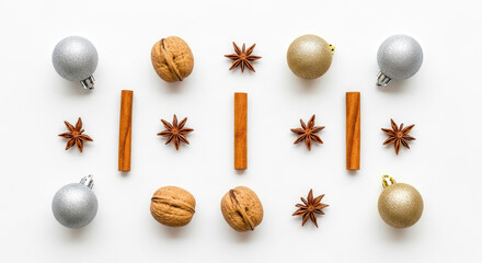 Festive holiday background with a symmetrical arrangement of Christmas baubles, walnuts, and aromatic spices like cinnamon and star anise