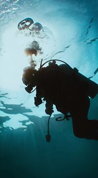 A lone scuba diver's silhouette explores the tranquil blue depths, surrounded by shimmering light and rising air bubbles, capturing the serenity and adventure of underwater discovery