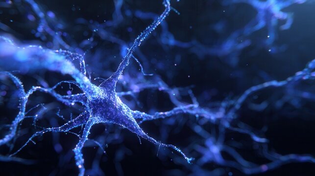 Close-up of glowing neural connections illuminated in deep blue light, intricate synapse patterns, advanced AI network structure, scientific research atmosphere, data processing energy.
